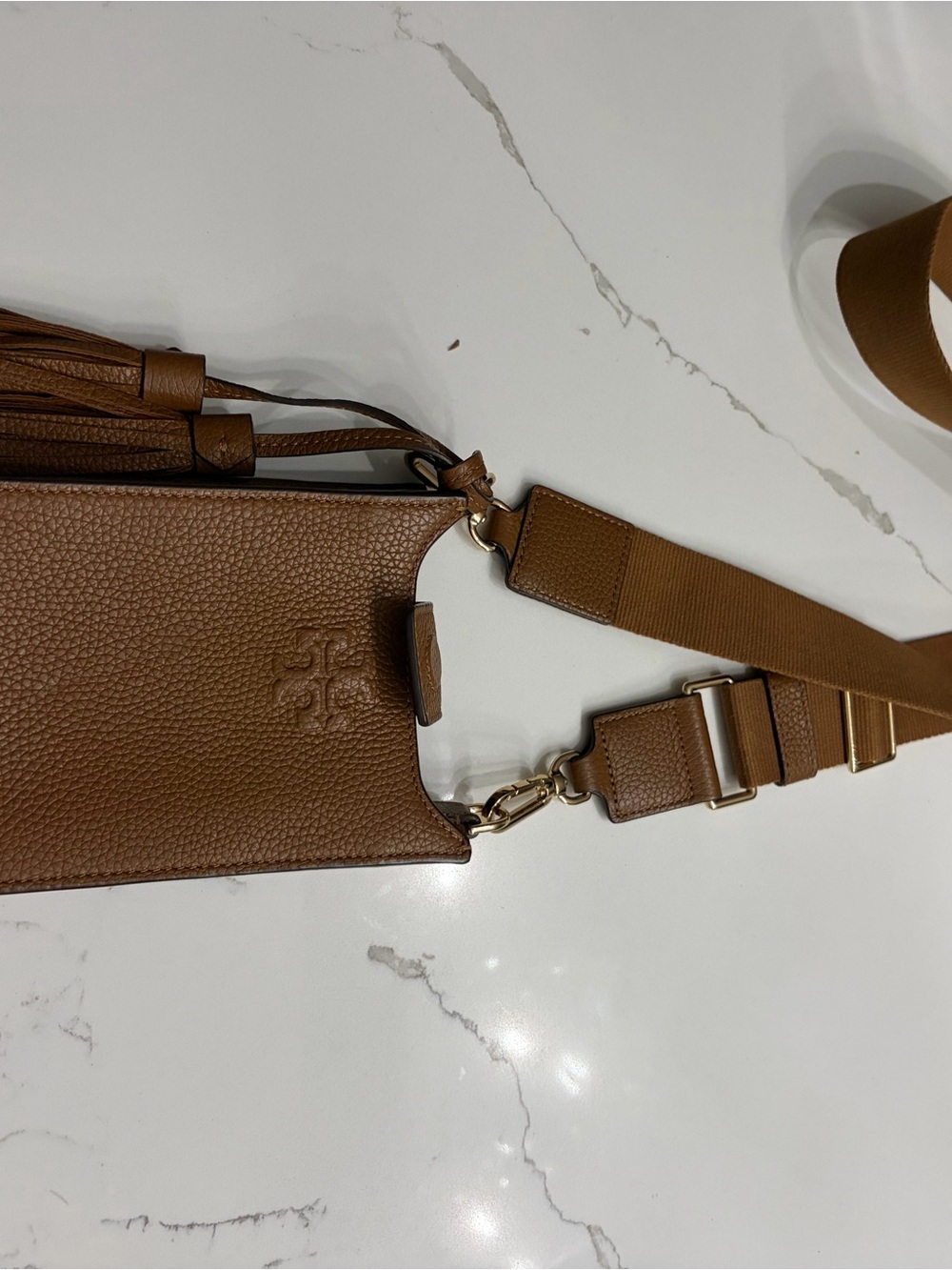 Tory Burch Brown Pebbled Leather Crossbody Phone Pouch with Tassel